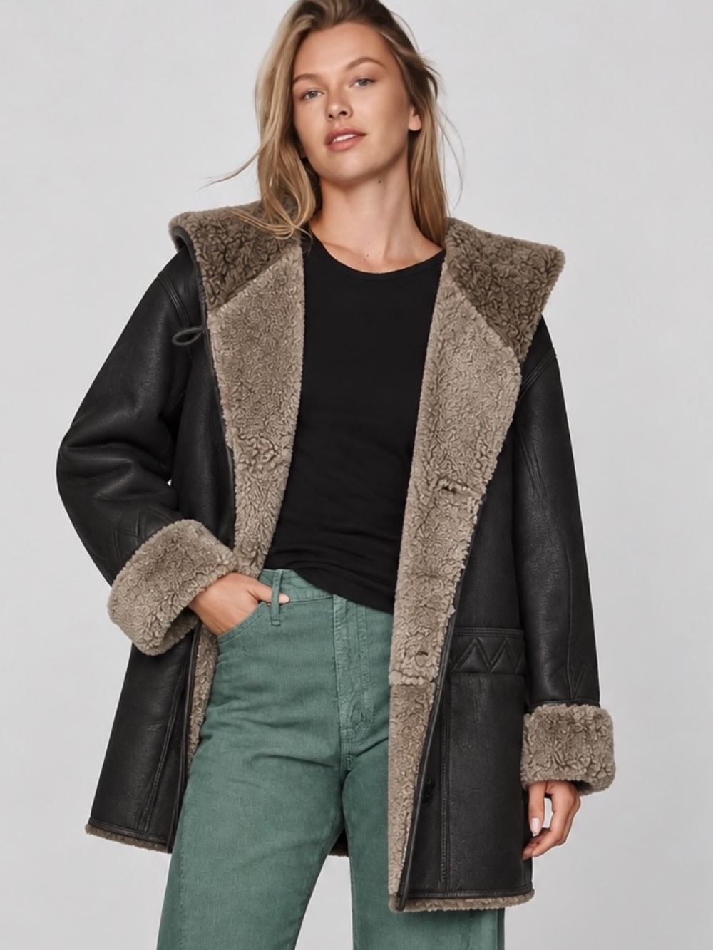 Via Firenze Shearling Coat Hooded Double Breasted Leather Jacket Like New M